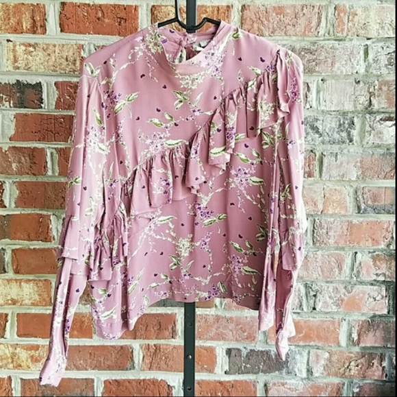 ASOS Tops - ASOS Women's Pink Floral Ruffle Blouse Top Size 14